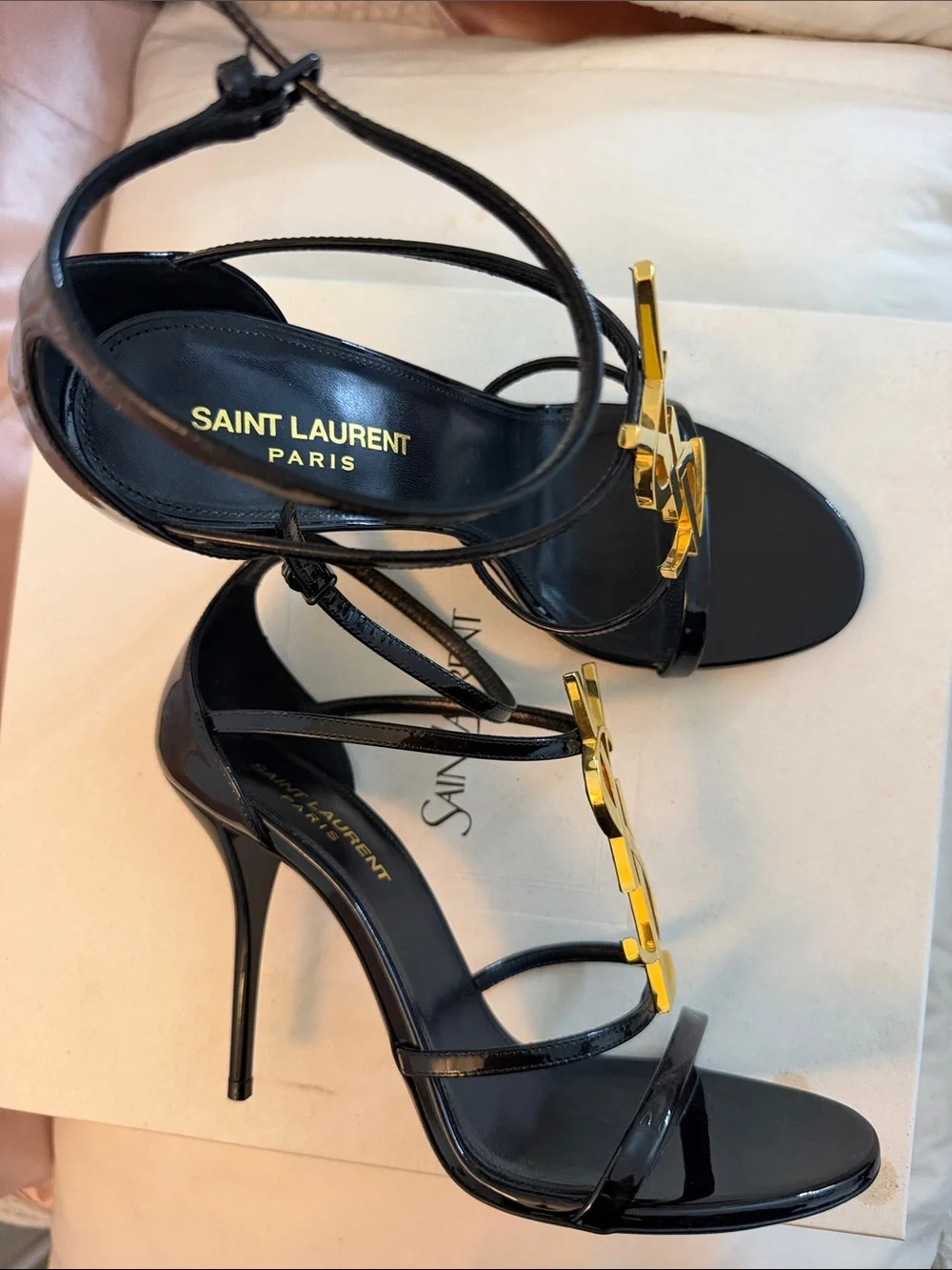Saint Laurent Black Patent Sandals with Gold YSL Emblem - Picture 2 of 4
